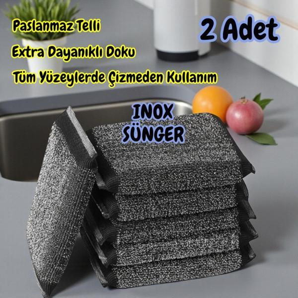 Technow Paslanmaz Çelik Sihirli Inox Yağ ve Kir Çözücü Tel Bulaşık Süngeri 2 Adet - Image 1