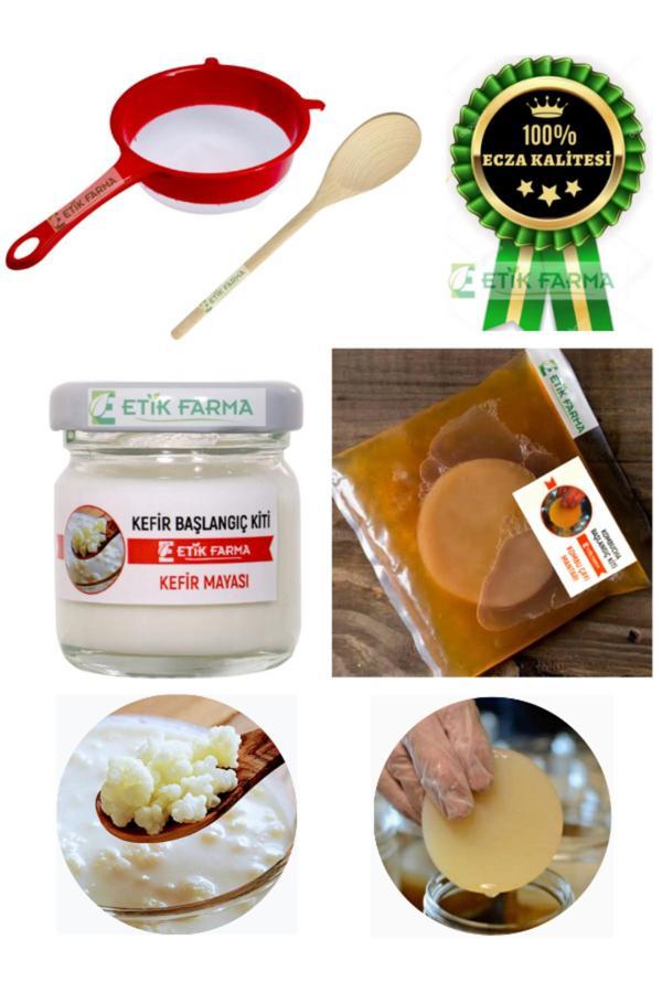 Etik Fatma Özel Üretim Organik Süt Kefir Mayası + Kombucha Başlangıç Kiti Kombu Mantarı Süzgeç + Tahta Kaşık - Image 1