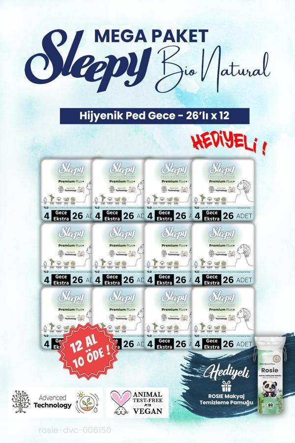 Sleepy 12 AL 10 ÖDE, 26'lı Gece Bio Hijyenik ped Mega Paket ve ROSIE makyaj pamuğu - Image 1