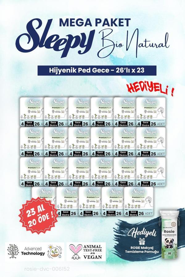 Sleepy Bio Hijyenik ped 23 AL 20 ÖDE 26'lı Gece Mega Paket ve ROSIE makyaj pamuğu - Image 1