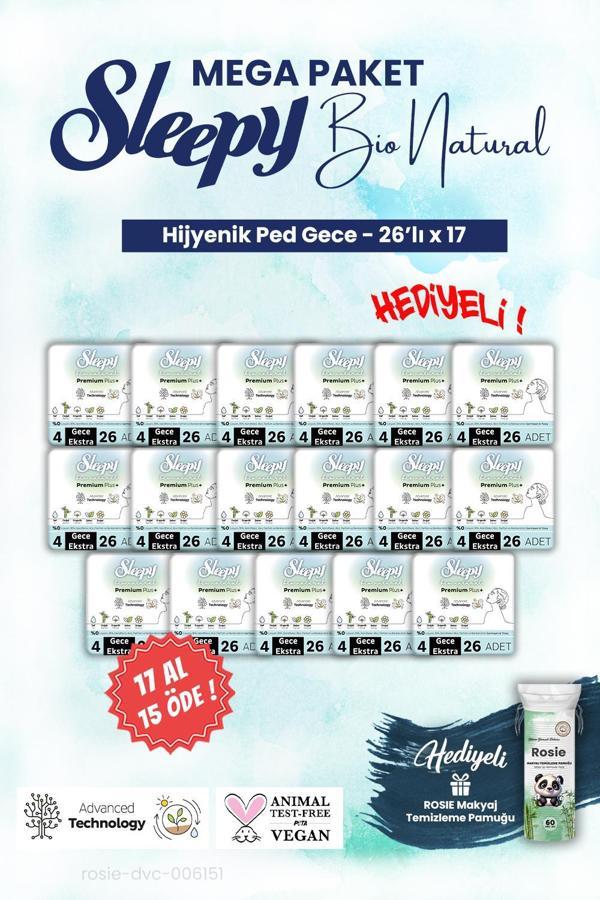 Sleepy Bio Hijyenik ped 26'lı Gece 17 AL 15 ÖDE Mega Paket ve ROSIE makyaj pamuğu - Image 1