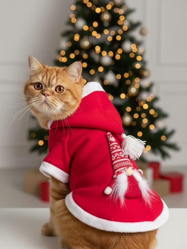 Yılbaşı Cücesi Kırmızı Polar Premium Kedi Kıyafeti | Kapüşonlu Noel Sweatshirt - Image 1