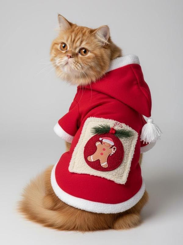 Kartopu Yılbaşı Kedi Kıyafeti Premium Kırmızı Polar | Kapüşonlu Noel Kedi Kostümü | Kurabiye Temalı - Image 1