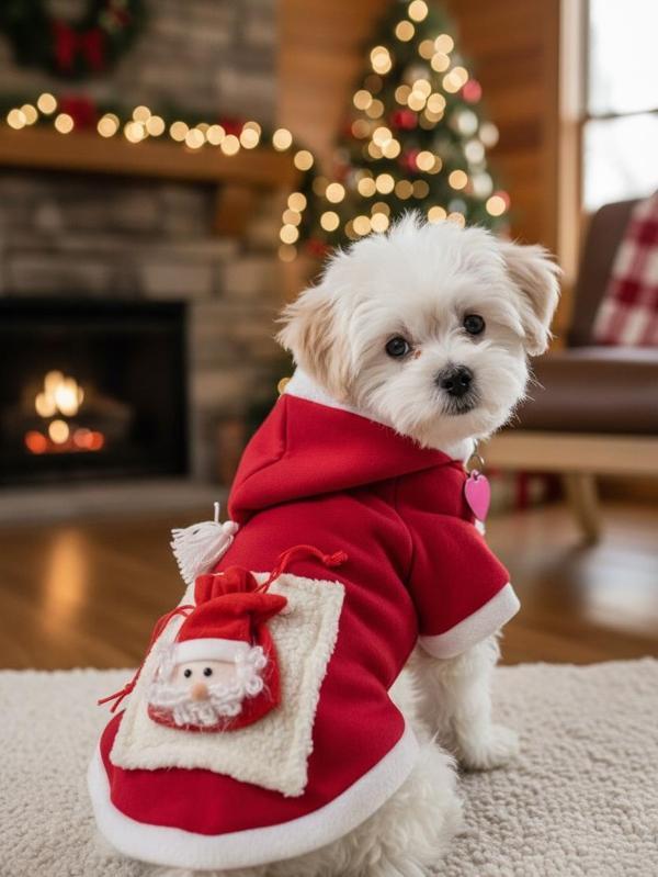 Santa's Bag Yılbaşı Köpek Kıyafeti Premium Kırmızı Polar | Kapüşonlu Noel Köpek Kostümü | Küçük Irklar İçin - Image 1