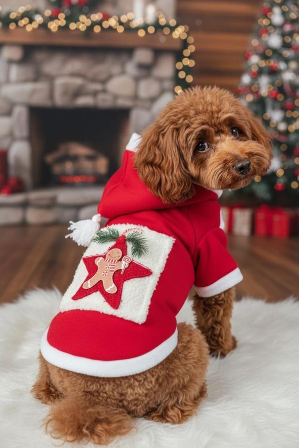 Yıldız Desenli Yılbaşı Köpek Kıyafeti Premium Kırmızı Polar | Kapüşonlu Noel Köpek Kostümü | Küçük Irklar İçin - Image 1