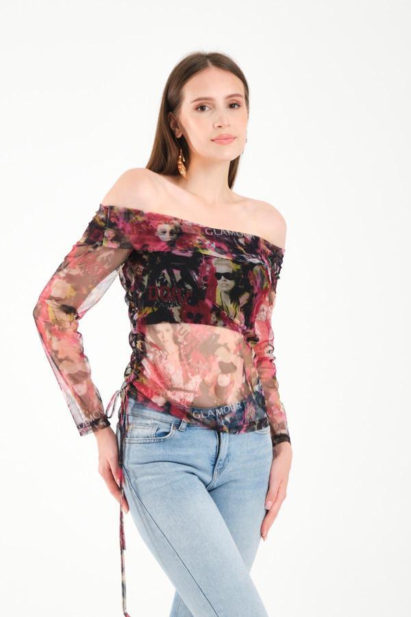 Düşük Omuz Büzgülü Bluz - Image 1