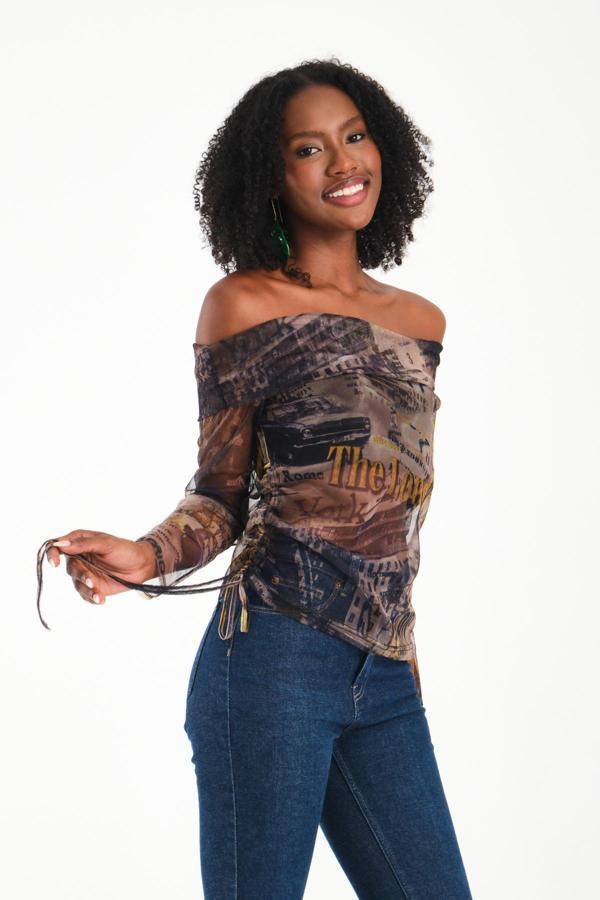 Düşük Omuz Büzgülü Bluz - Image 1