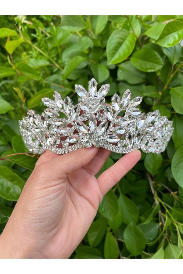 Anze Beyaz Kristal Taşlı Gelin Tacı - Image 1
