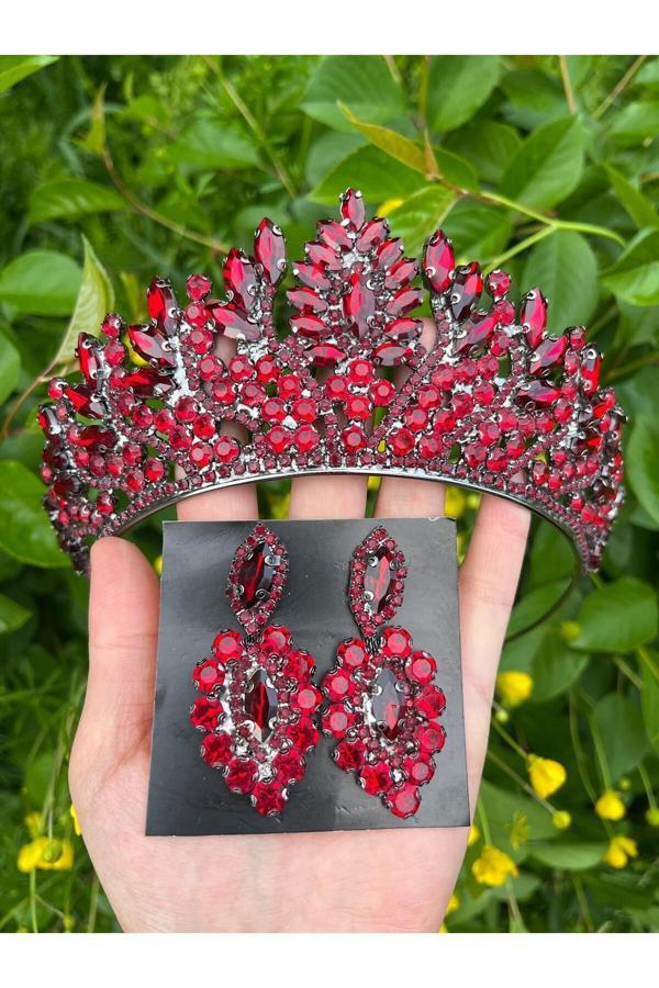 Anze Bordo Gelin Tacı Seti Kristal Taşlı Taç Ve Küpe - Image 1