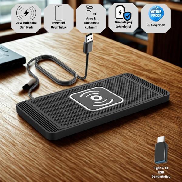 Polham 20W Süper Hızlı Kaymaz Kauçuk Kablosuz Şarj Aleti, Araç ve Masaüstü Kullanıbilir, Su Geçirmez Şarj Pedi - Image 1
