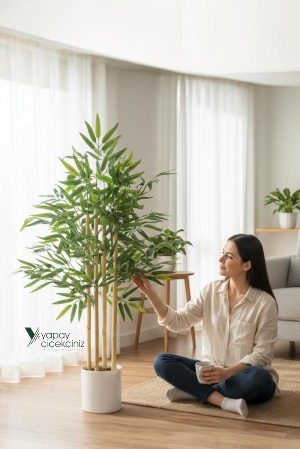 Beyaz Renkli Saksıda 100 cm 4 Gövde Yoğun Yaprak Yapay Bambu Ağacı - Image 1