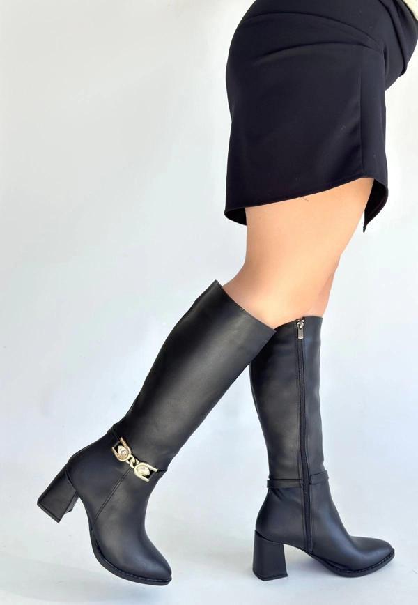 Mooni Siyah Cilt Topuklu Çizme - Image 1