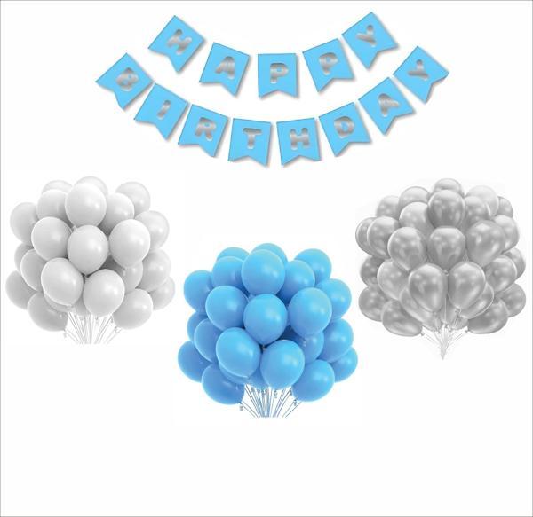 Beyaz, Mavi, Gümüş Balon-Banner Seti - Image 1