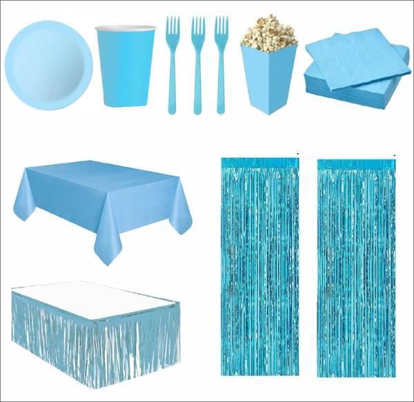 Mavi Masa Örtüsü, Mavi Masa Eteği, 2 Mavi Arka Fon, 8 Mavi Tabak, 8 Mavi Bardak, 8 Mavi Mısır Kutusu, 10 Çatal, 10 Peçete  - Image 1