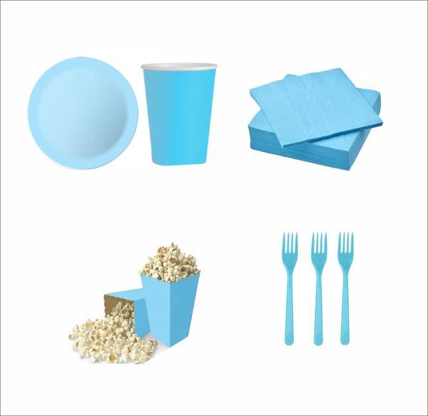 8 Mavi Tabak, 8 Mavi Bardak, 8 Mavi Mısır Kutusu, 10 Çatal, 10 Peçete - Image 1