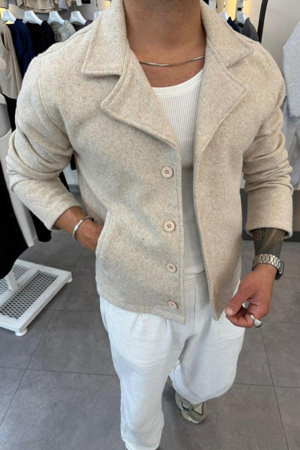 Slimfit Yakalı Düğme Kapamalı Astarsız Yan Cep Kaşe Ceket - Image 1