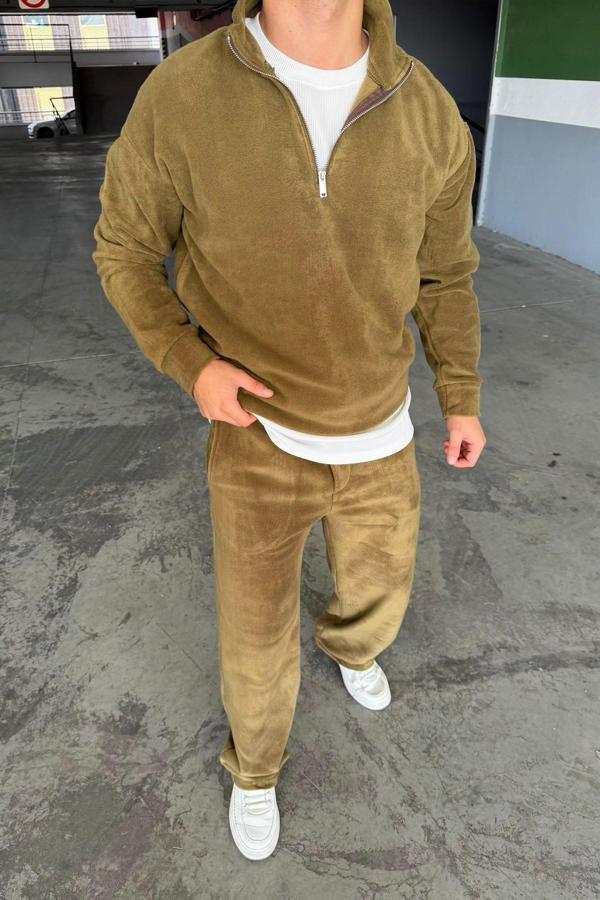 Oversize Fermuarlı Dik Yaka Baggy Pantolonlu Polar Takım - Image 1