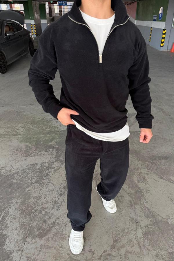 Oversize Fermuarlı Dik Yaka Baggy Pantolonlu Polar Takım - Image 1