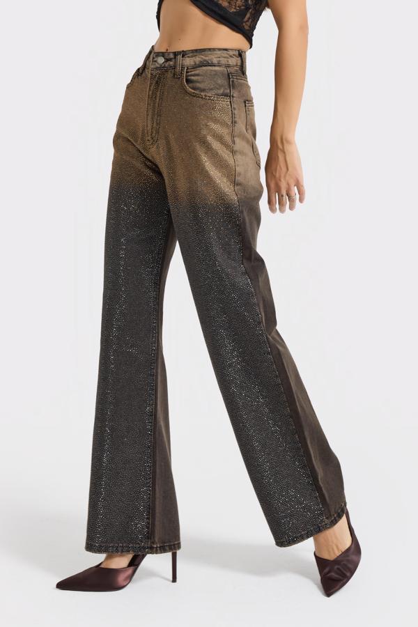 Kadın Koyu Taş Rengi T-21w5-50 Straight Fit Çift Renk Parlak Taş Detaylı Özel Tasarım Denim Jean - Image 1