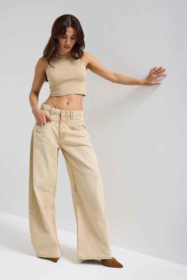 Kadın Bej Taş Renk 4w5-142 Low Rise Palazzo Fit %100 Koton Denim Jean - Image 1