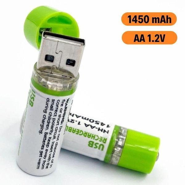 BUFFER® USB Şarjlı 1450mAh AA 1.2V Lityum Kalem Pil – 2’li Set, Tekrar Şarj Edilebilir Uzun Ömürlü D - Image 1