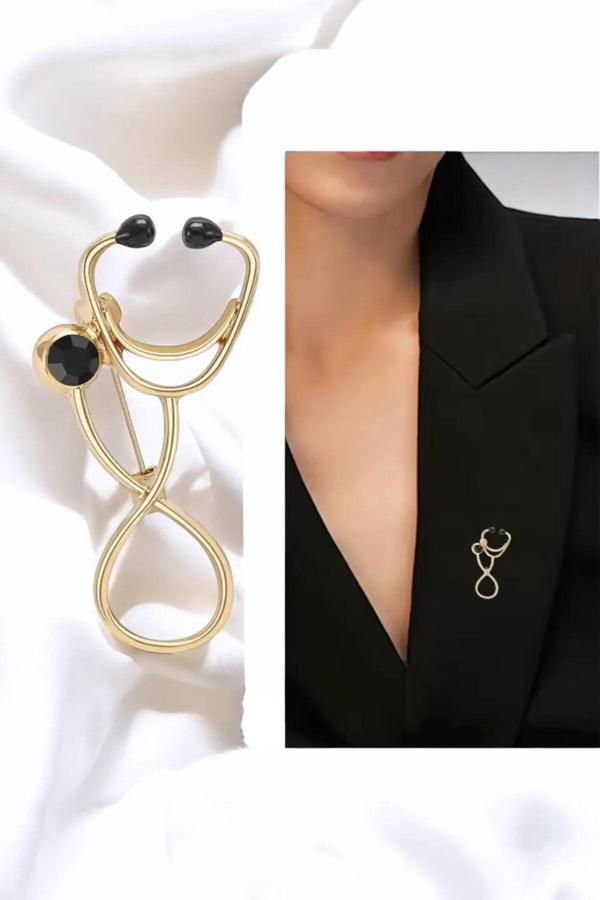 STETESKOP SAĞLIK TIP DOKTOR TAŞLI ŞIK BROŞ 4 CM. - Image 1