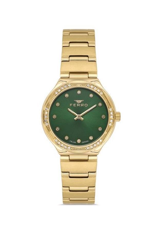 Ferro FL40140A-B6 Quartz Çelik Altın Rengi Yeşil Kadran 31 mm Kadın Kol Saati - Image 1