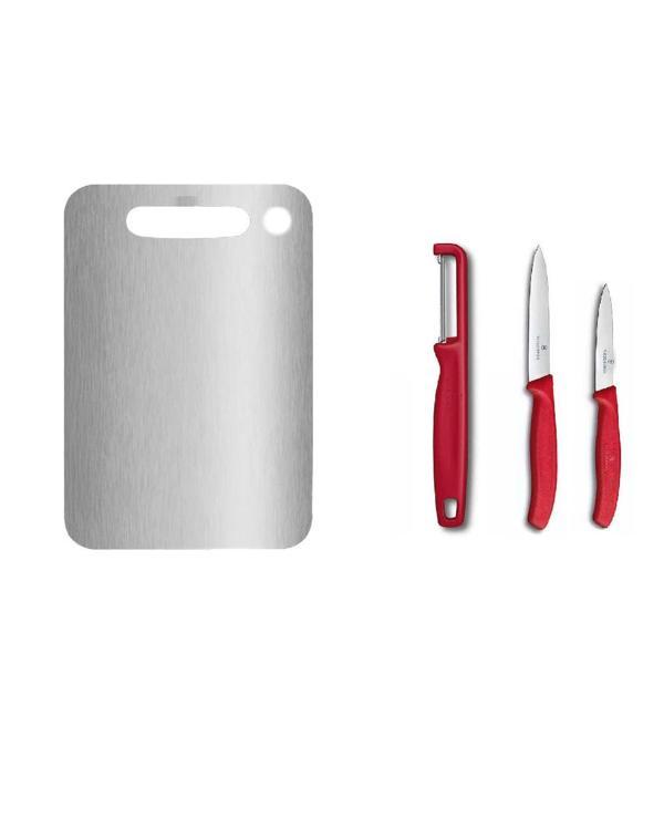 Çelik Kesme Tahstası ve Victorinox Kırmızı Düz Soyma Bıçağı 8 CM - 10 CM ve Domates Sebze Soyacağı 3lü Set - Image 1