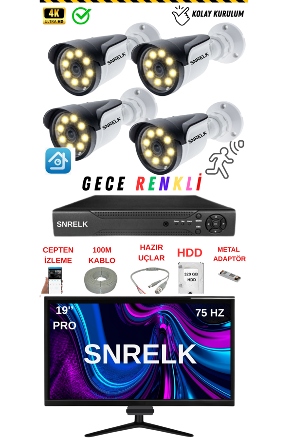 SNRELK 19'' Monitör 5mp Lens 4'Lü Warm Lıght Gece Renkli 320 Gb Güvenlik Kamerası set - Image 1