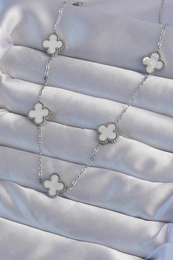 316L Çelik Gümüş Renk Beyaz Sedefli Yonca Kolye - Image 1