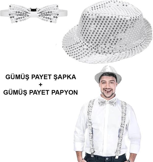 Gümüş Payetli Şapka Ve Papyon Seti – Parıltılı Yetişkin Kostüm Seti - Image 1
