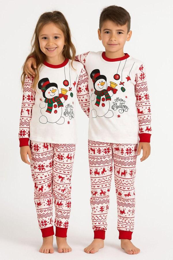 Bilge Trend Unisex Kardan Adam Desenli Yılbaşı, Noel, Christmas Konsept Pijama Takımı (Tek Takım) - Image 1