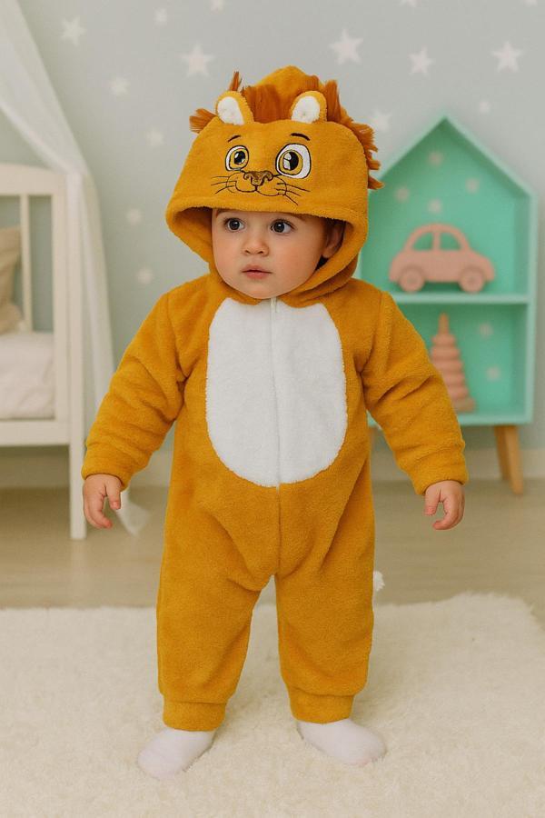 Bilge Trend Kız Erkek Çocuk Welsoft Peluş Aslan Nakışlı Kapüşonlu Tulum , Uyku Tulumu - Image 1