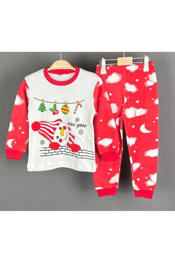 Bilge Trend Uyuyan Kardan Adam Baskılı Yeni Yıl Noel Yılbaşı Temalı Kız Erkek Çocuk Bebek Pijama Takımı - Image 1