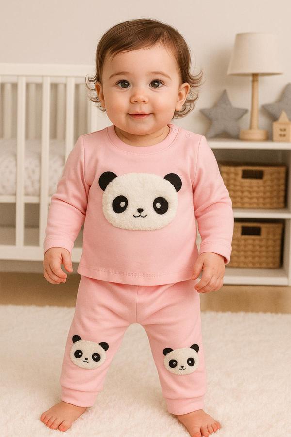 Bilge Trend Panda İşlemeli % 100 Pamuklu Penye Bebek Pijama Takımı - Image 1