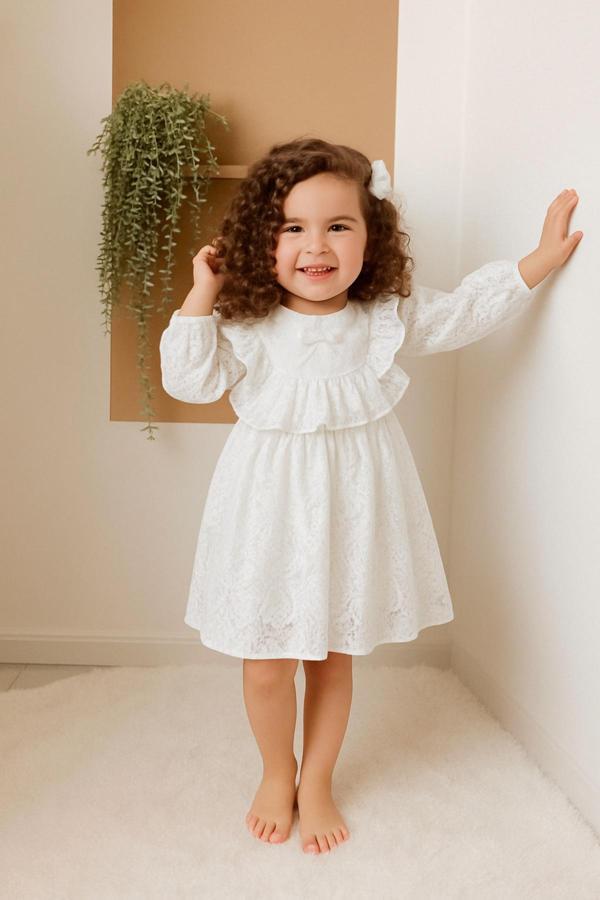 Bilge Trend Kız Çocuk Robadan Fırfırlı Beyaz Dantel Elbise, Doğum Günü, Düğün , Bayramlık, Parti Elbisesi - Image 1