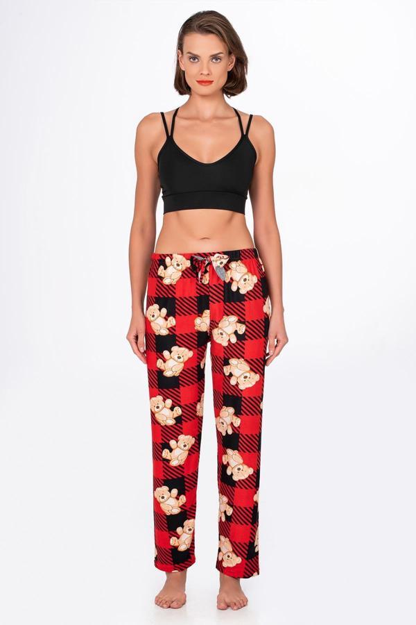 Kadın Süet Kırmızı Kareli Ayıcık Desenli Pijama Tek Alt - Image 1