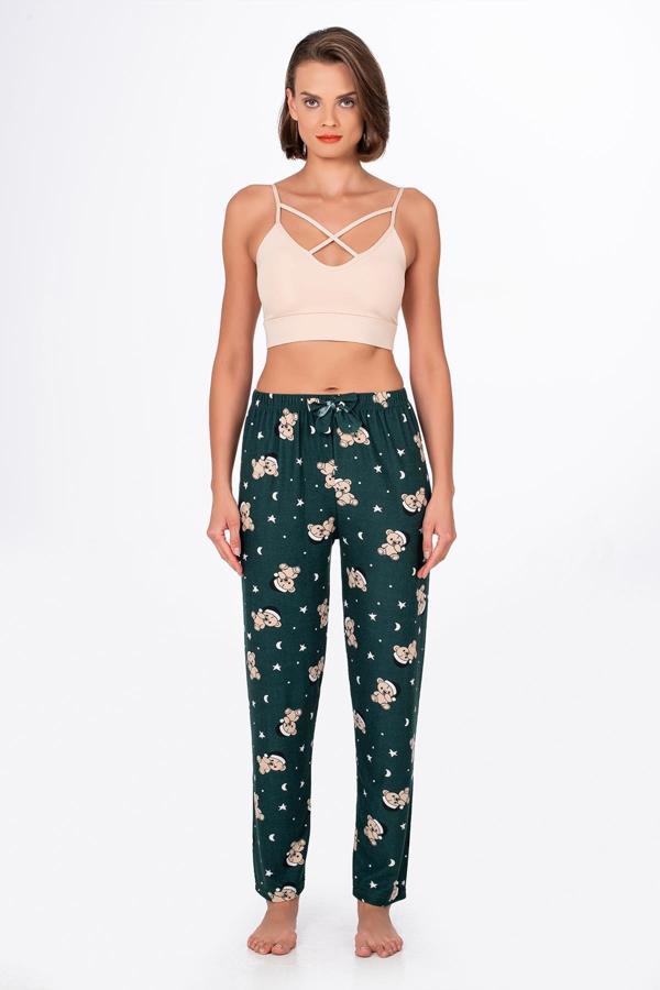 Kadın Süet Ayıcık Desenli Pijama Tek Alt – Yeşil - Image 1