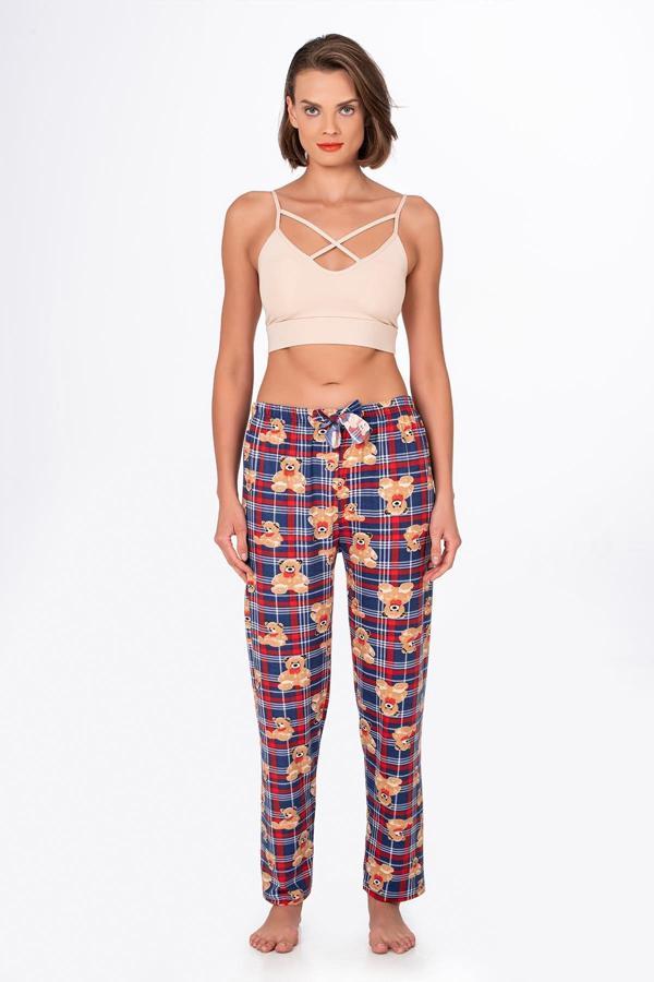 Kadın Süet Kareli Ayıcık Desenli Pijama Tek Alt - Image 1