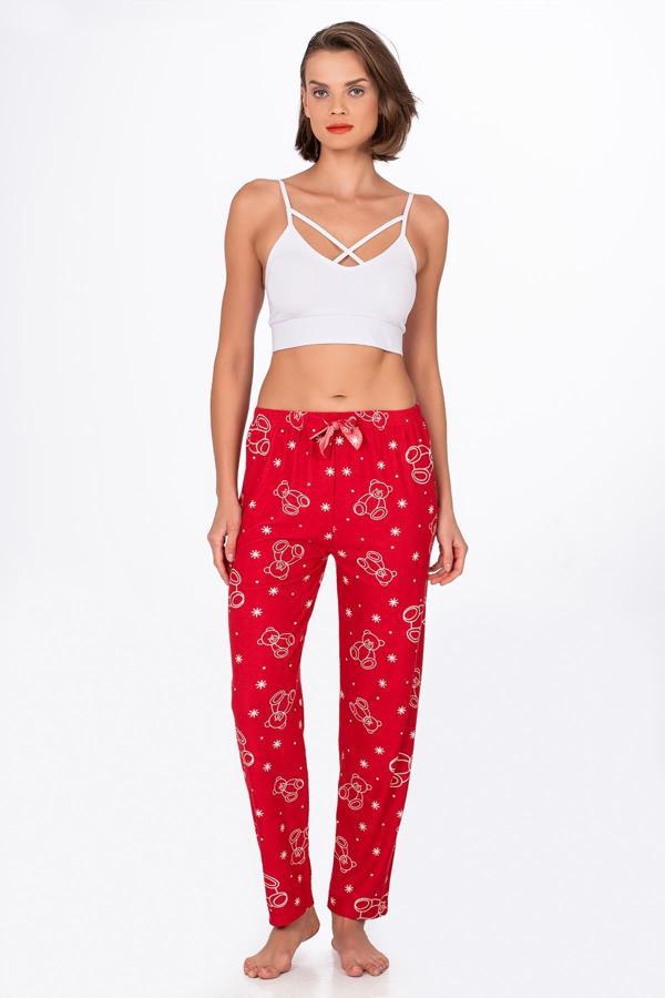 Kadın Süet Kırmızı Ayıcık Desenli Pijama Tek Alt - Image 1