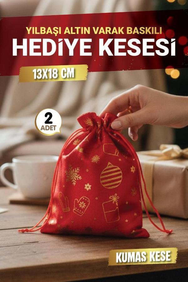 Yılbaşı Altın Varak Baskılı Hediye Kesesi Hediye Torbası 2 adet 13x18 cm Yılbaşı Süsü-T1526 - Image 1
