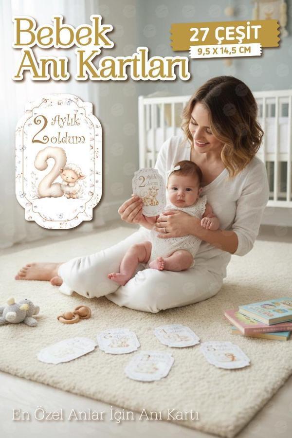 Bebek Anı Kartları Aylık Fotoğraf Çekim Kartları 27 adet Özel Tasarım Saklama Kutulu Bebek Hediyelik-T1527 - Image 1