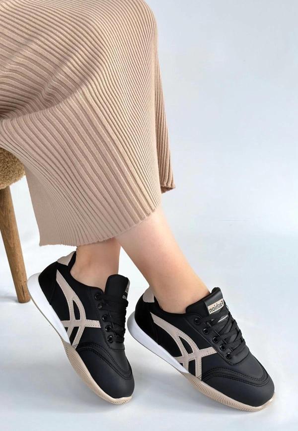 BİÇOMİ Zlay Siyah Cilt Bej Detaylı Bağcıklı Spor Ayakkabı - Image 1