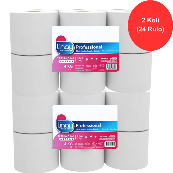 Linay Mini Jumbo Tuvalet Kağıdı 12 Rulo x 2 Koli Toplam 24 Rulo, 2 Katlı, 9.8 cm x 95 m,%100 Selüloz - Image 1