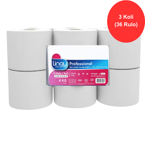 Linay Mini Jumbo Tuvalet Kağıdı 12 Rulo x 3 Koli Toplam 36 Rulo, 2 Katlı, 9.8 cm x 95 m,%100 Selüloz - Image 1