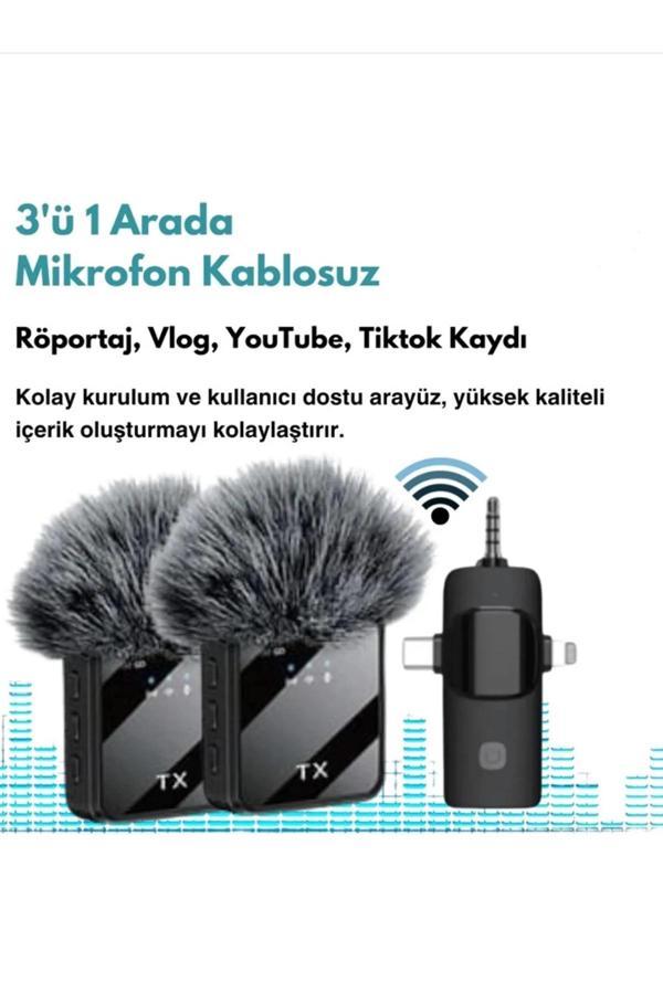 Yüksek Kalite Profesyonel 3 In 1 Kablosuz Taşınabilir Yaka Mikrofonu Tüylü - Image 1