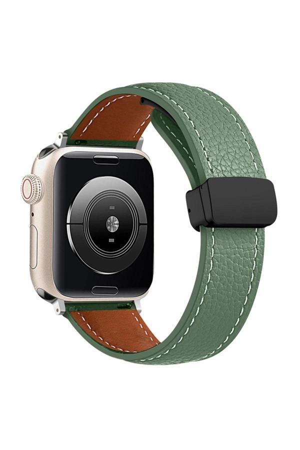 Apple Watch 38mm KR414 Daks Deri Kordon - Koyu Yeşil-(5796) - Image 1