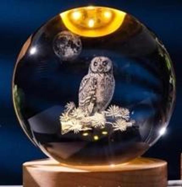 Dekoratif Baykuş Tasarımlı Ahşap Altlıklı Işıklı Cam Küre Büyük Boy 8cm - Image 1