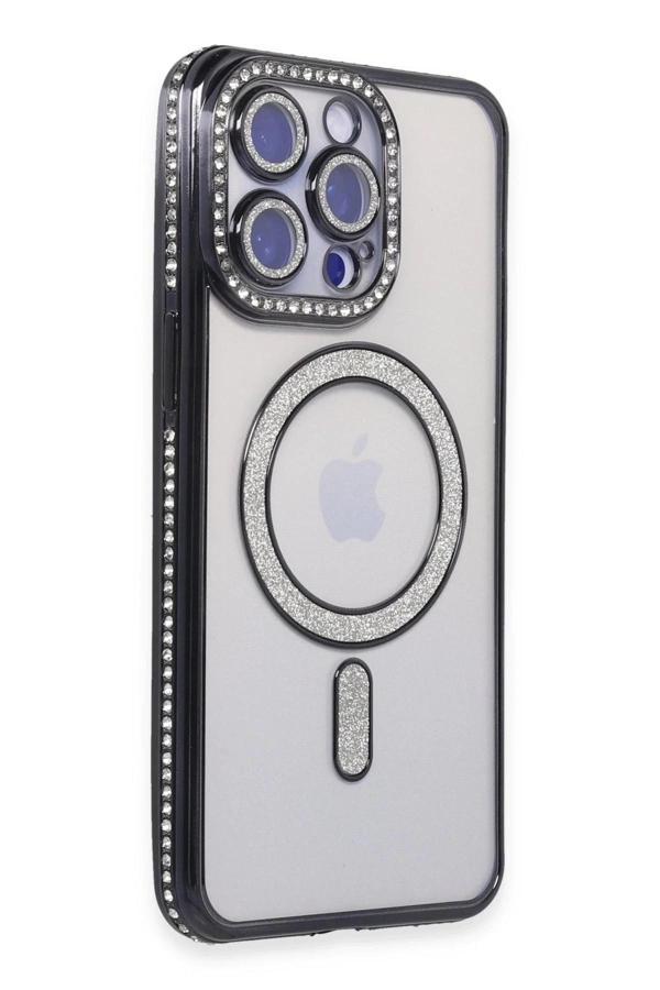 iPhone 14 Pro Max Kılıf Joke Simli Magneticsafe Kılıf - Siyah-(5796) - Image 1