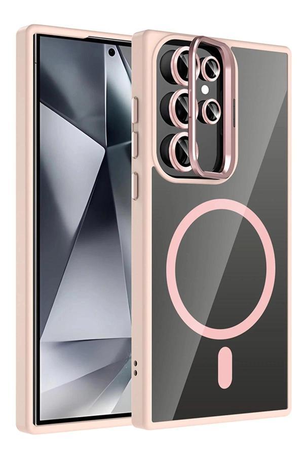 Samsung Galaxy S23 Ultra Remim Lensli Magsafe Standlı Kapak - Pembe-(5796) - Image 1